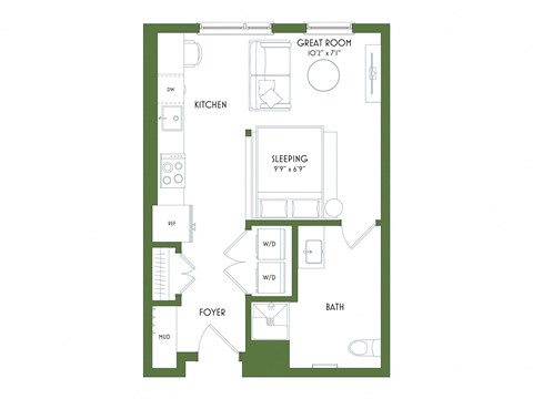 A floor plan of a small apartment with a kitchen, sleeping area, bathroom, and foyer.